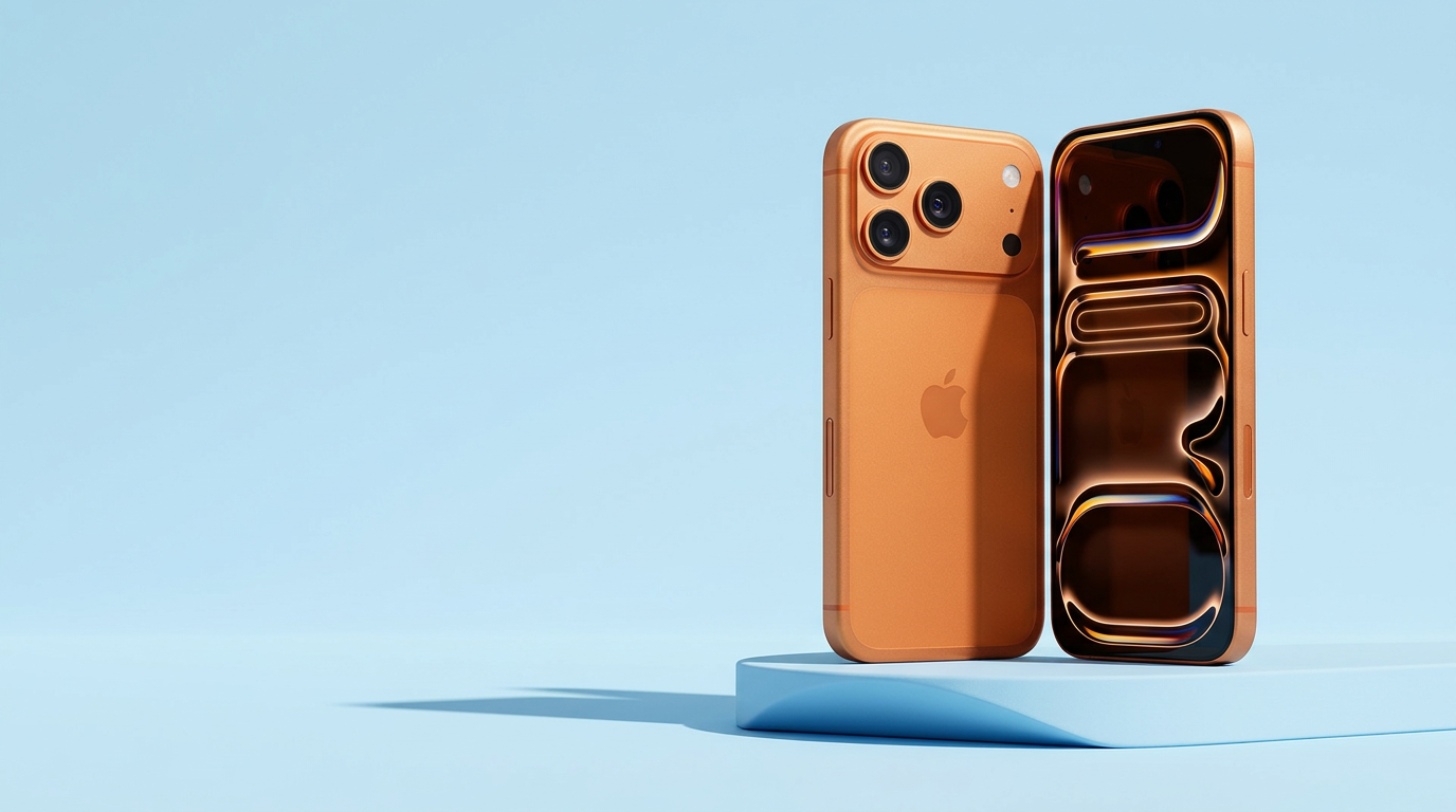 Orange iPhone 17 Pro, front and back, on a blue studio platform